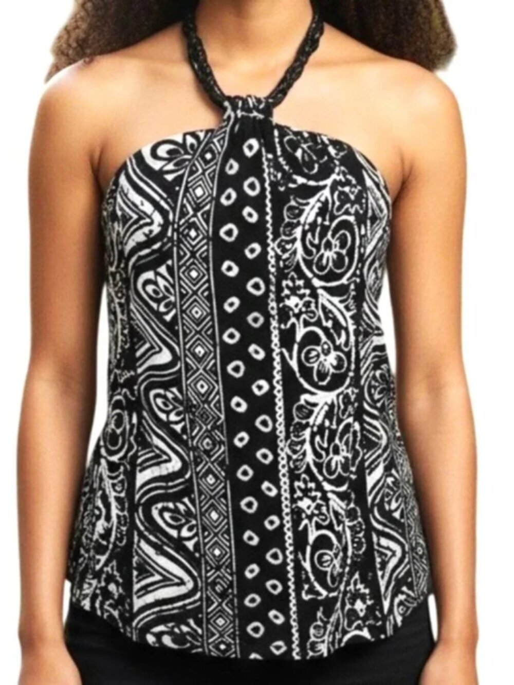 White House Black Market Silk Tribal Halter Top W/ Beaded Jewelry Neck size S